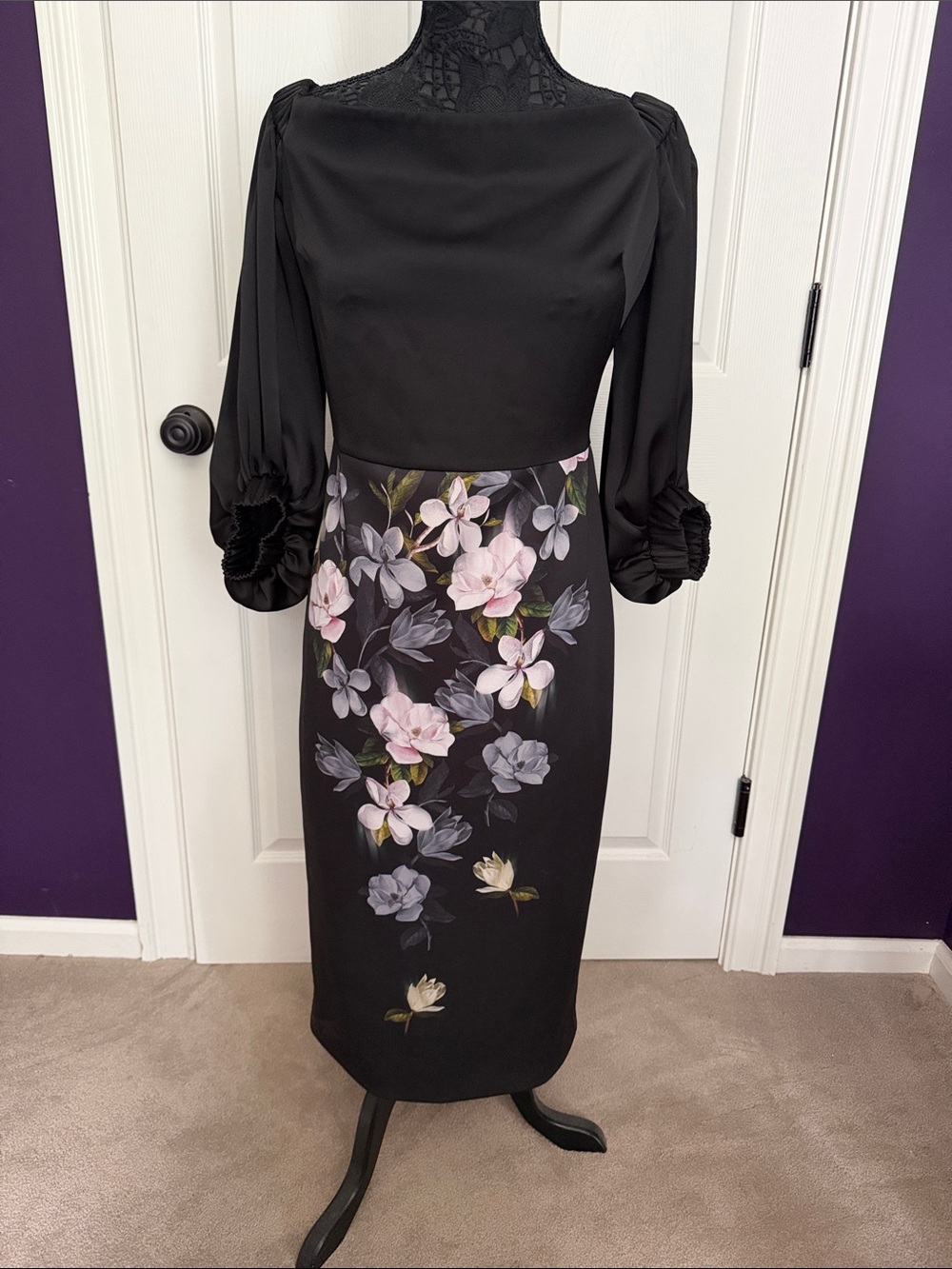 Ted Baker London Black Midi Dress with Pink & Gray Floral Skirt